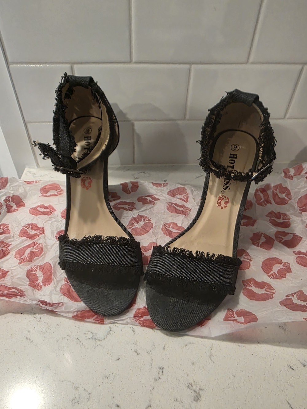 Frayed Denim Ankle-Strap Heels - Black